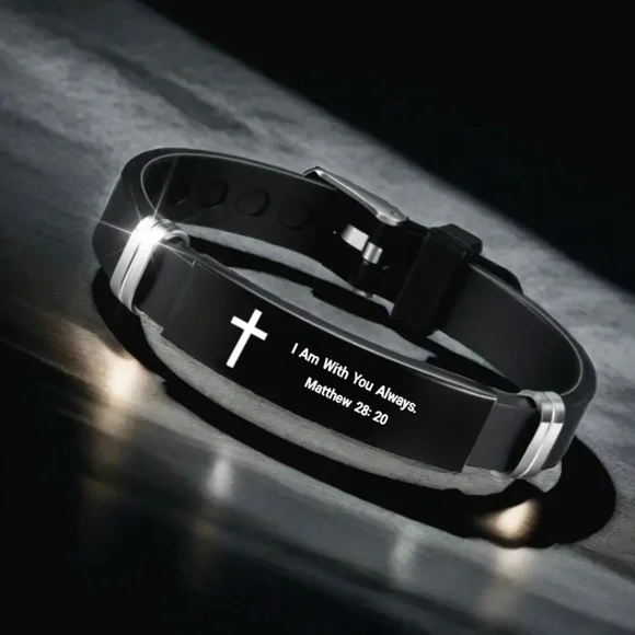 Black Silicone Scripture Bracelet Adjustable Unisex - Picture 1 of 8